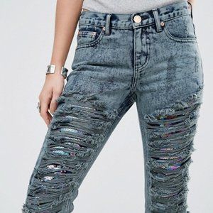 Washed Boyfriend Jeans With Distress And Sequins